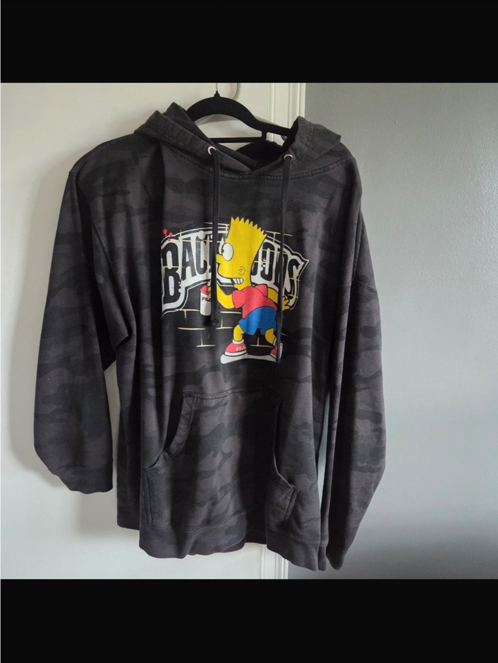 Men's Black Camo Crewneck Hoodie with Cartoon Graphic